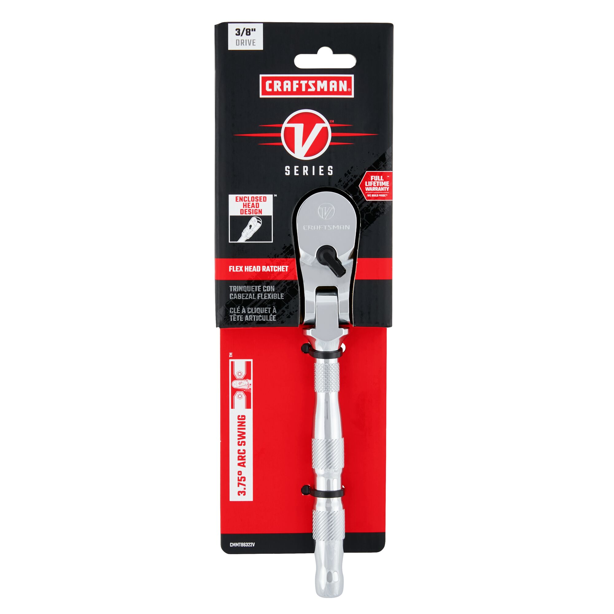 V series three eighth inch drive flex head ratchet in packaging.