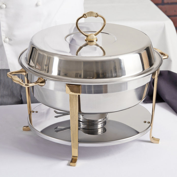 5 ⅘-quart round chafer in mirror finish and classic brass trim with food pan, water pan, dome cover and fuel holder