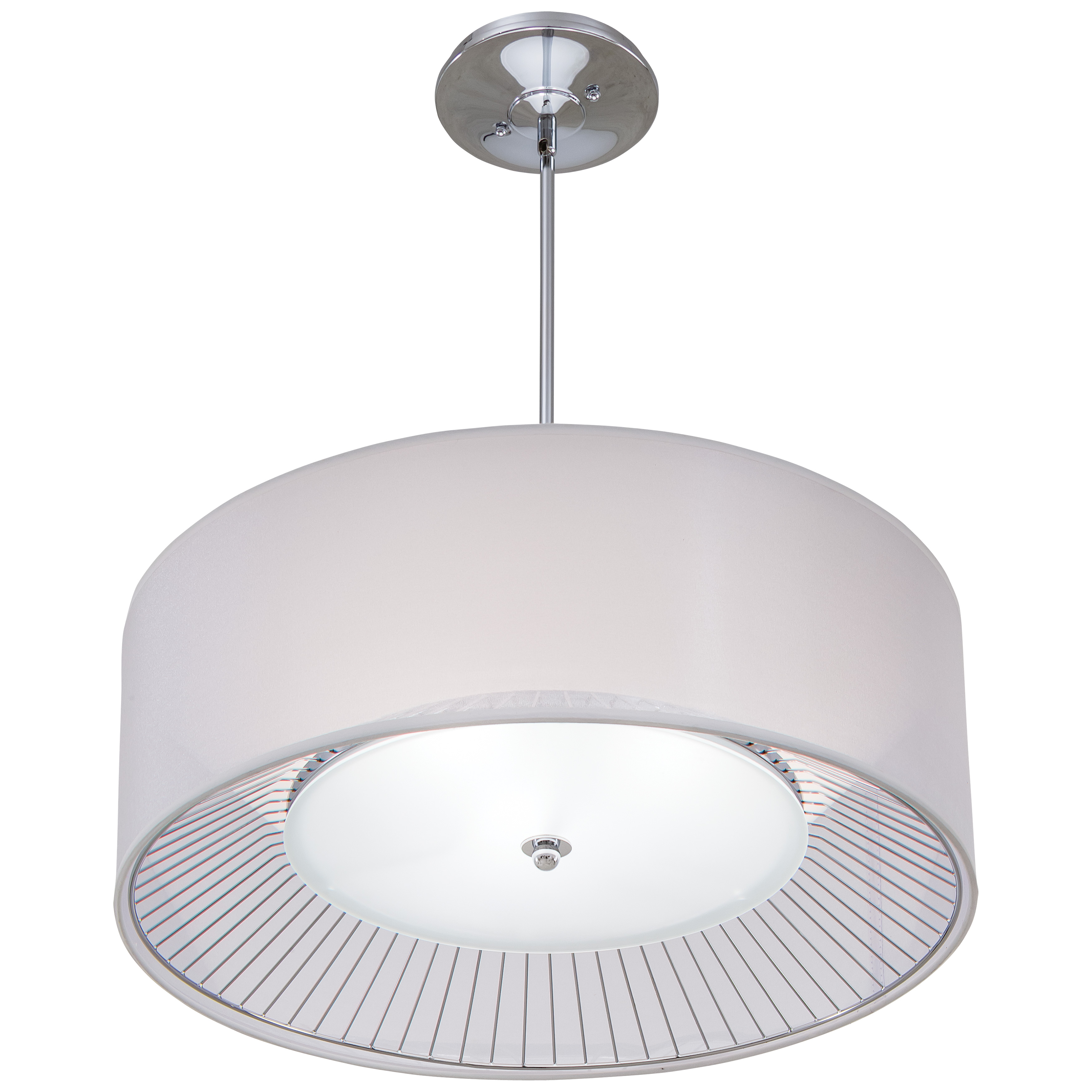 The Bridge pendant combines industrial chrome wire with elegant translucent silk shades for a sophisticated lighting solution. Its 25-inch linear design makes it perfect for kitchen islands and dining tables, while the layered shade construction provides both ambient glow and visual interest. - alternate view