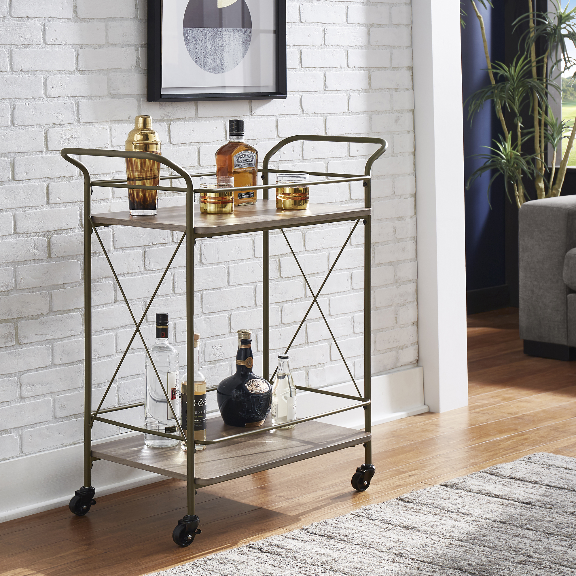 Bronze Finish Metal X-Frame Bar Cart with Walnut Wood Shelf