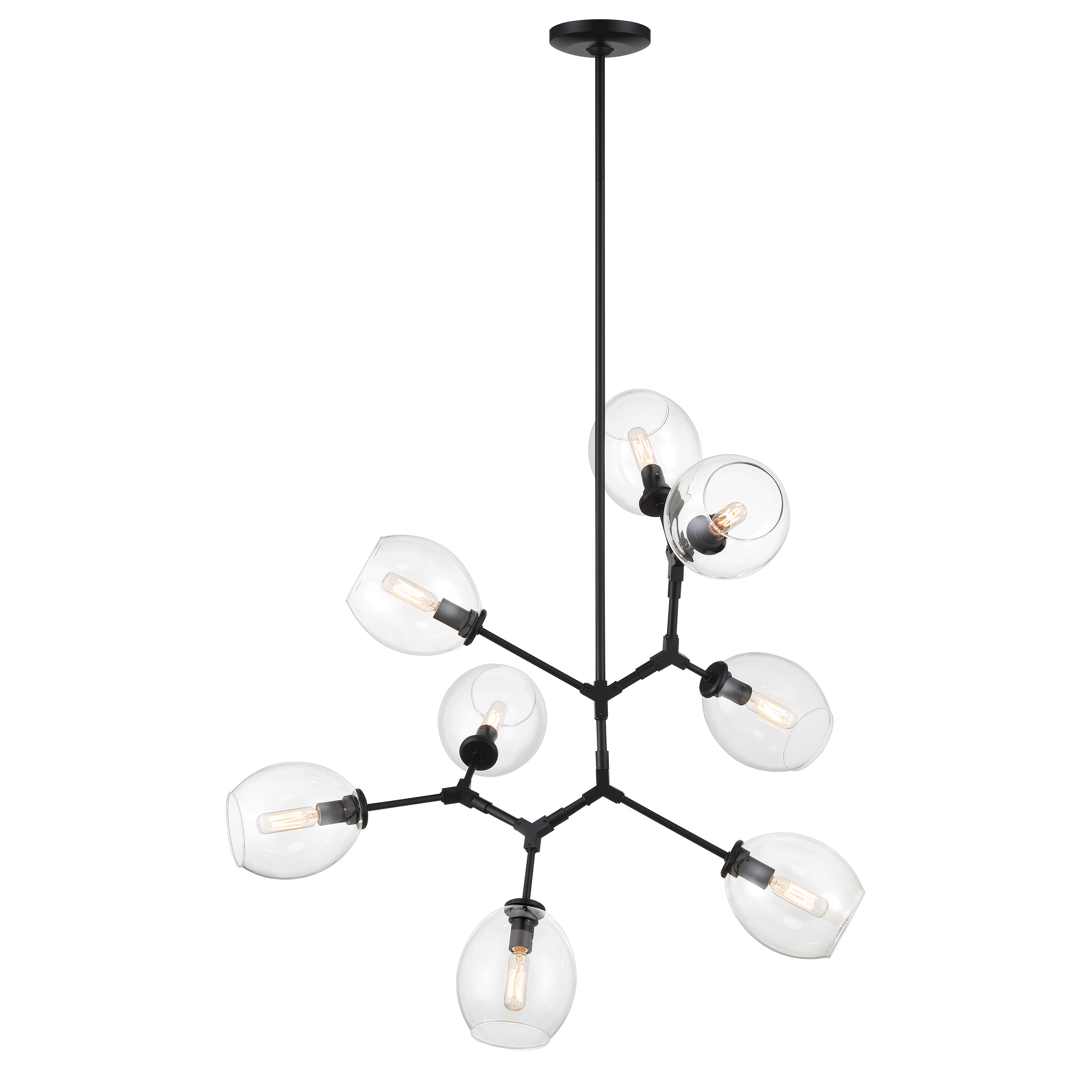 The Nexpo 8-Light Chandelier combines contemporary design with industrial charm. Its Coal Black finish and clear glass shades create striking visual contrast, while eight candelabra bulbs provide ample illumination. - alternate view