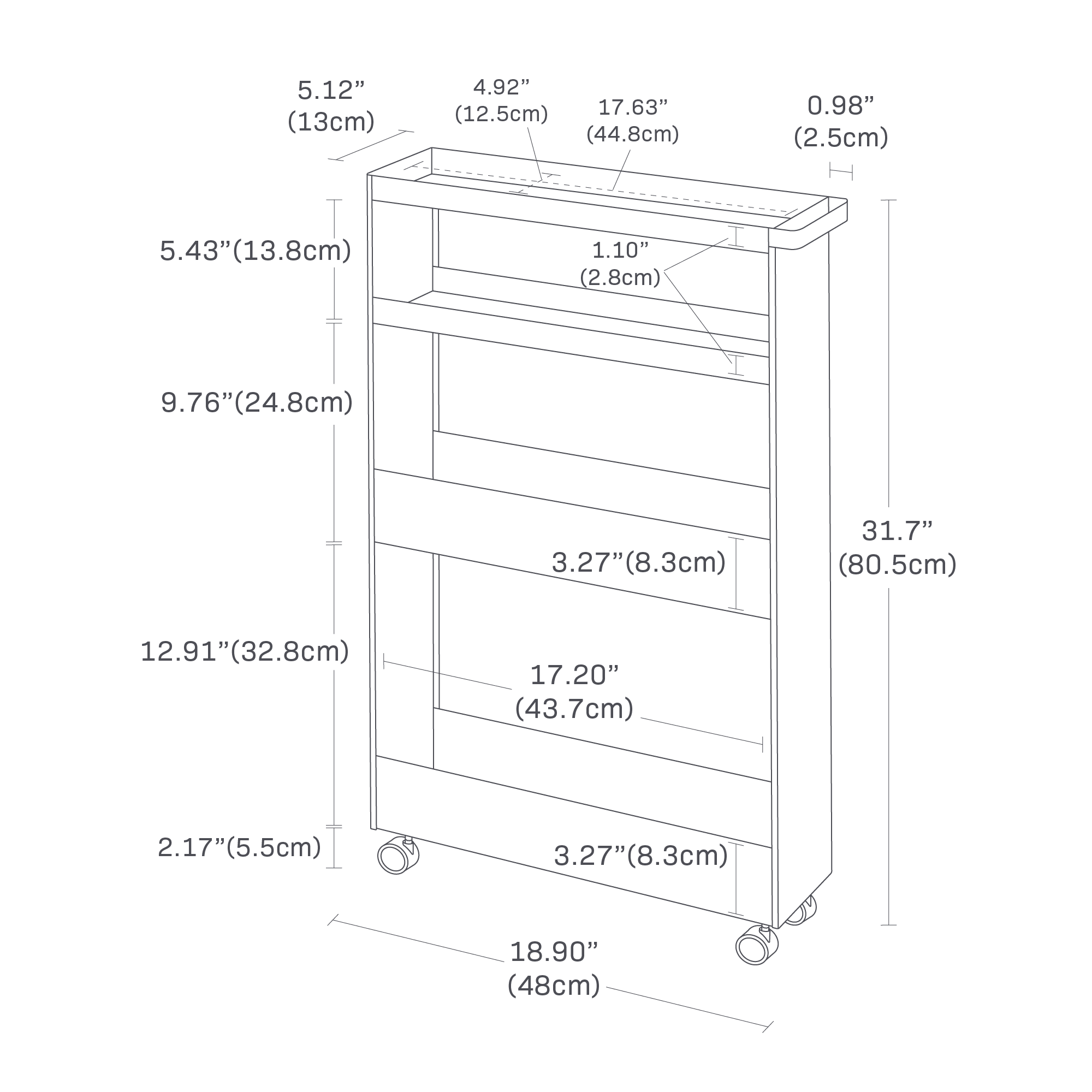 Dimension image for Slim Rolling Wagon with dimensions: height is 31.69", width is 18.90", depth is 5.12". Shelves are spaced at 4.92", 5.43", 9.76", and 12.91". The top section depth is 0.98", shelf widths are 17.63", 17.20", and 17.20", caster height is 2.17".