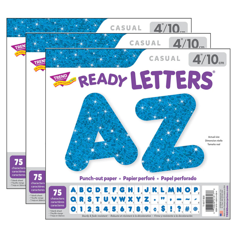Blue Sparkle 4" Casual Uppercase Ready Letters®, 71 Per Pack, 3 Packs