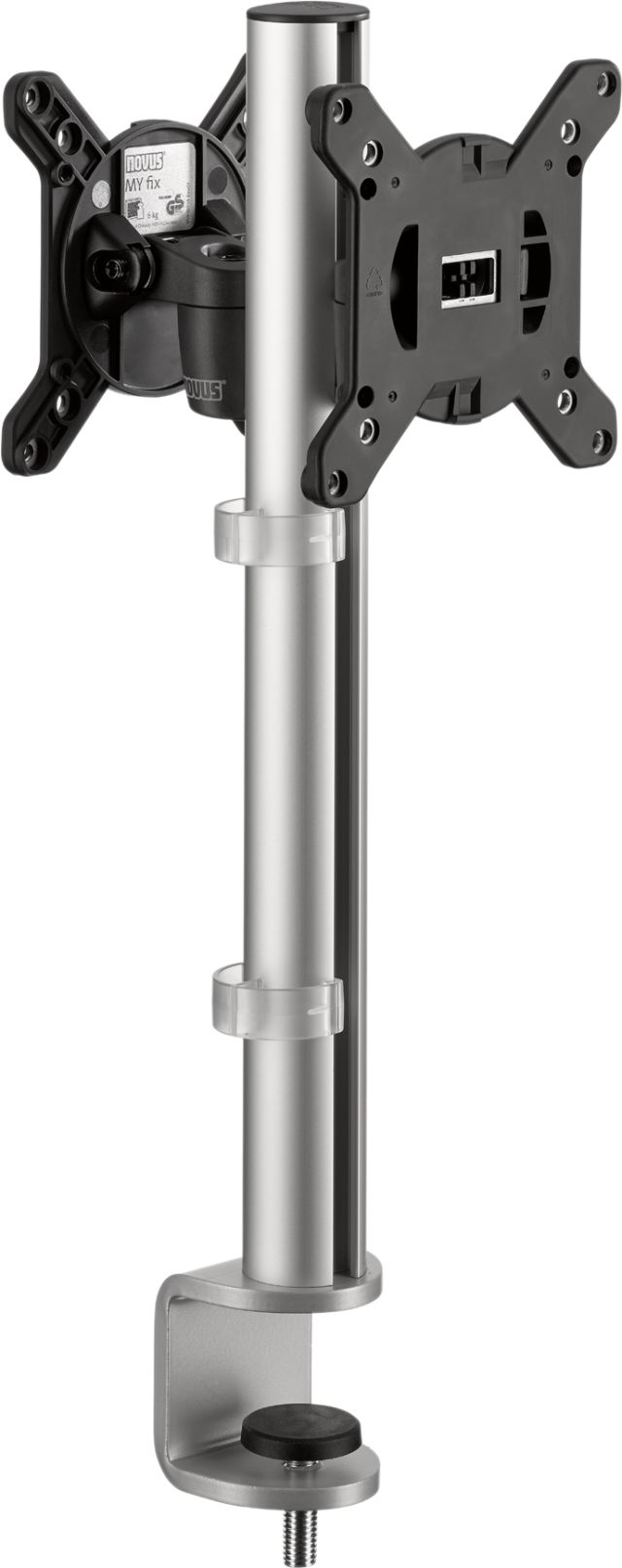 A dual monitor arm set with a system clamp for comfortable display of two monitors.