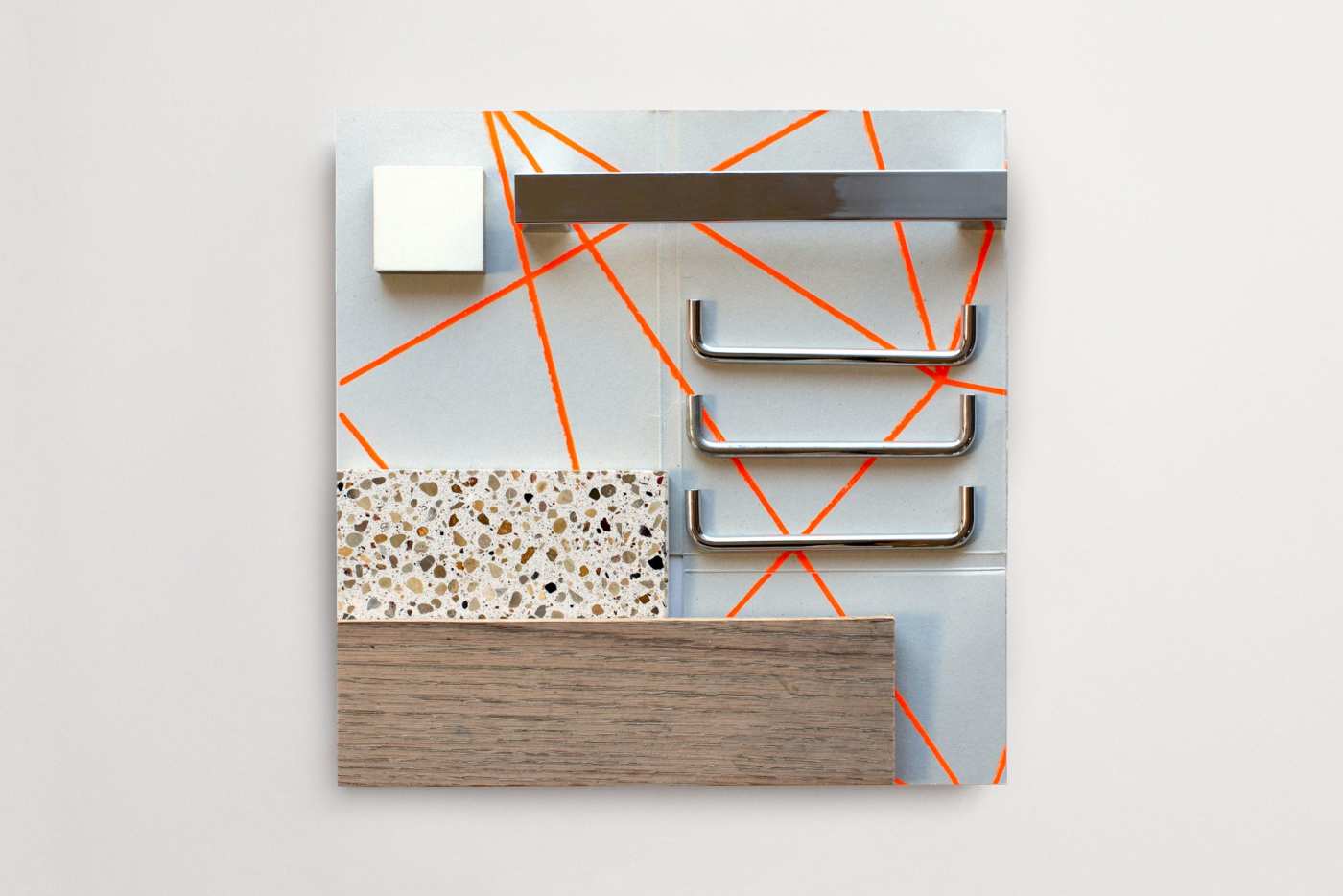 an eclectic piece of art with tiles and orange lines on it.