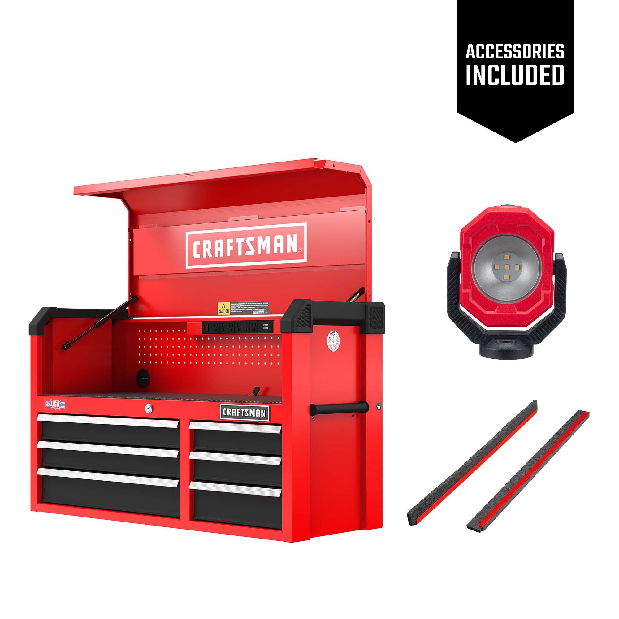 One red CRAFTSMAN 41 inch Wide 6-Drawer Tool Chest with one Pivot Light and two Magnetic Drawer Dividers included