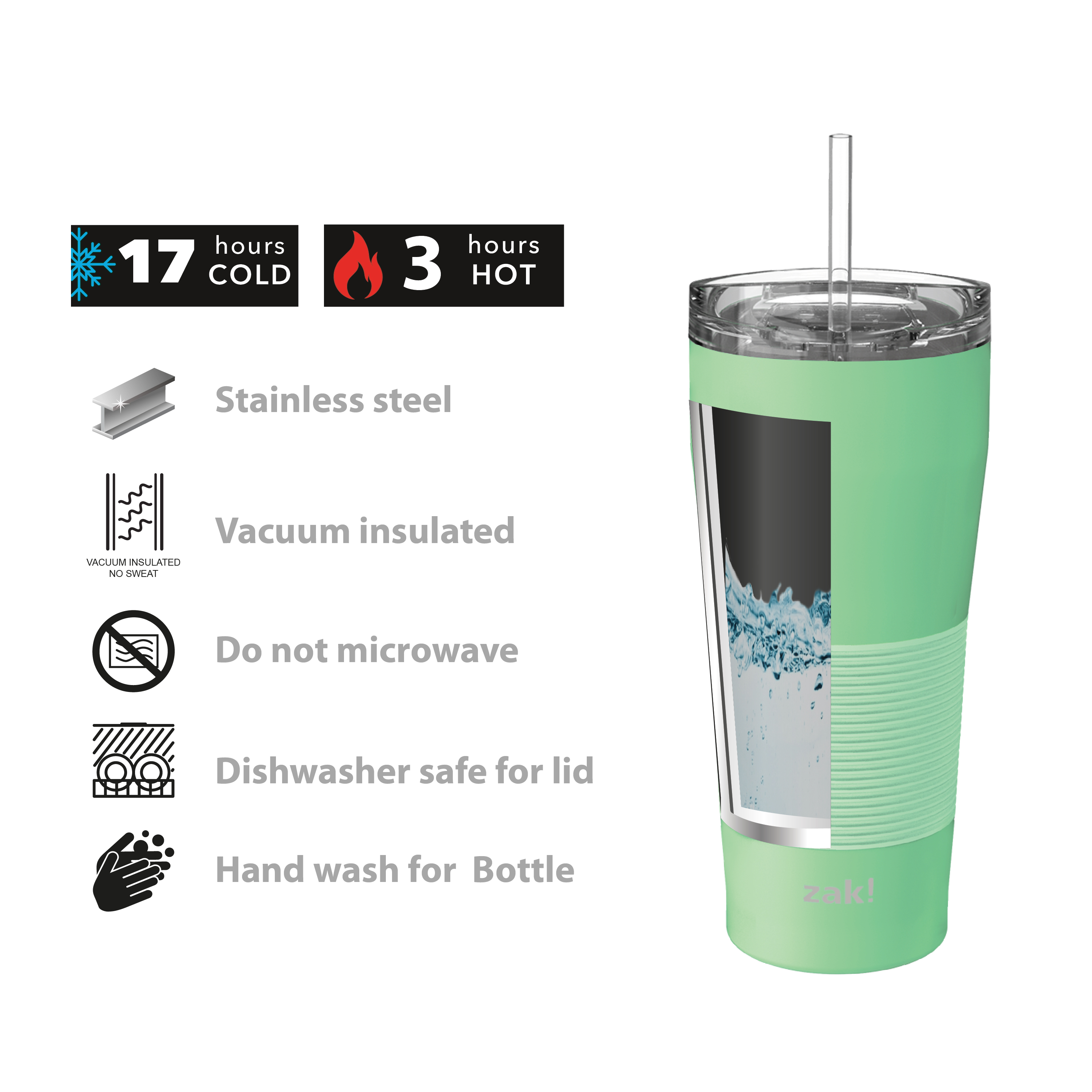 Zak Hydration 28 ounce Stainless Steel Vacuum Insulated Tumbler with Straw, Cool Mint slideshow image 4