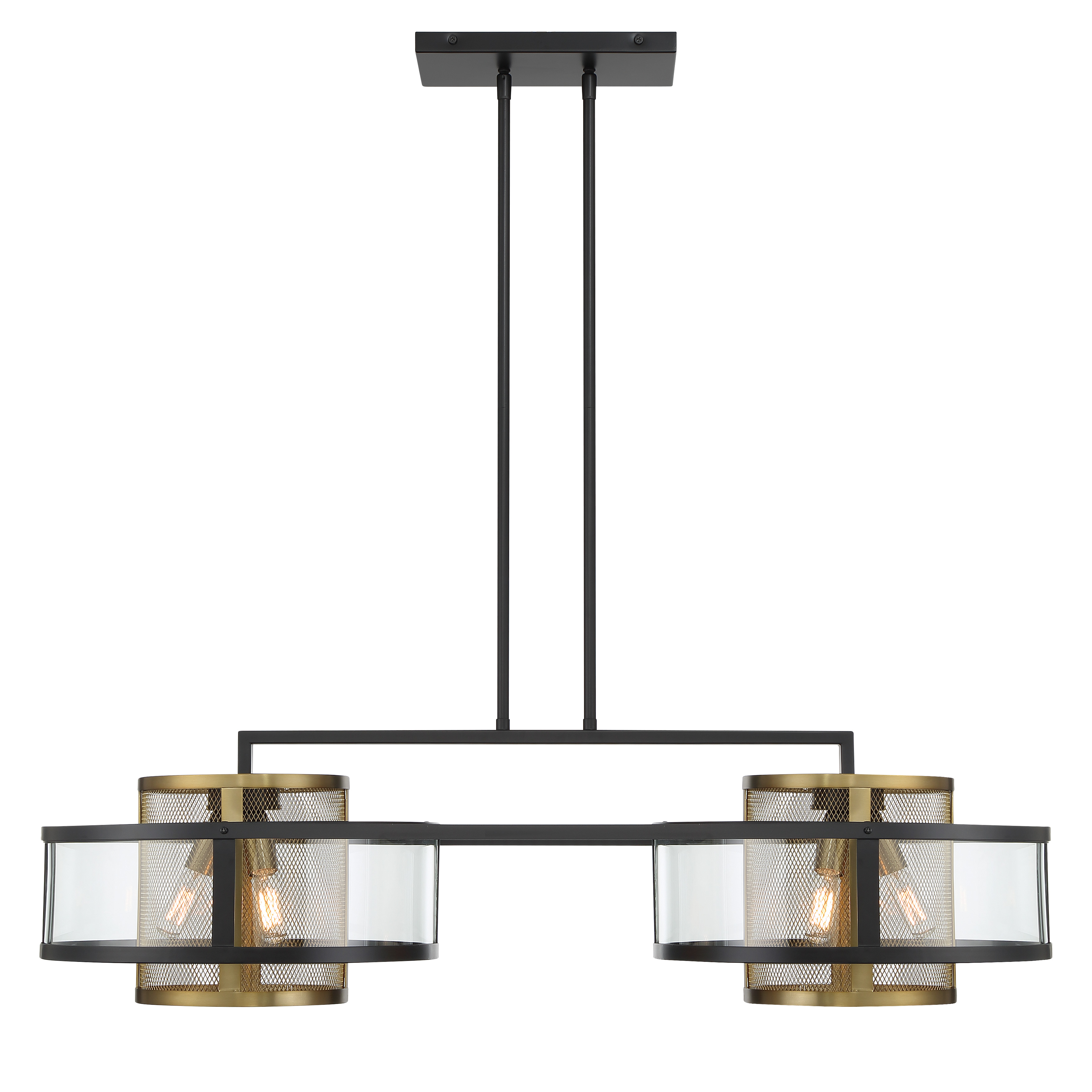 Robin Baron's SoHo collection brings sophisticated industrial style with its coal and soft brass finish. The wire mesh shades with clear glass create beautiful ambient lighting while the linear design perfectly suits kitchen islands and dining tables. - alternate view