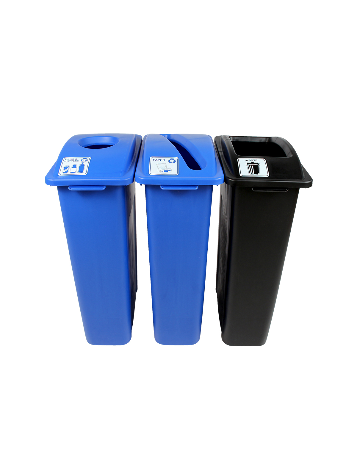 WASTE WATCHER – Triple – Kit – Cans & Bottles-Paper-Waste – Circle-Slot-Full – Blue-Blue-Black