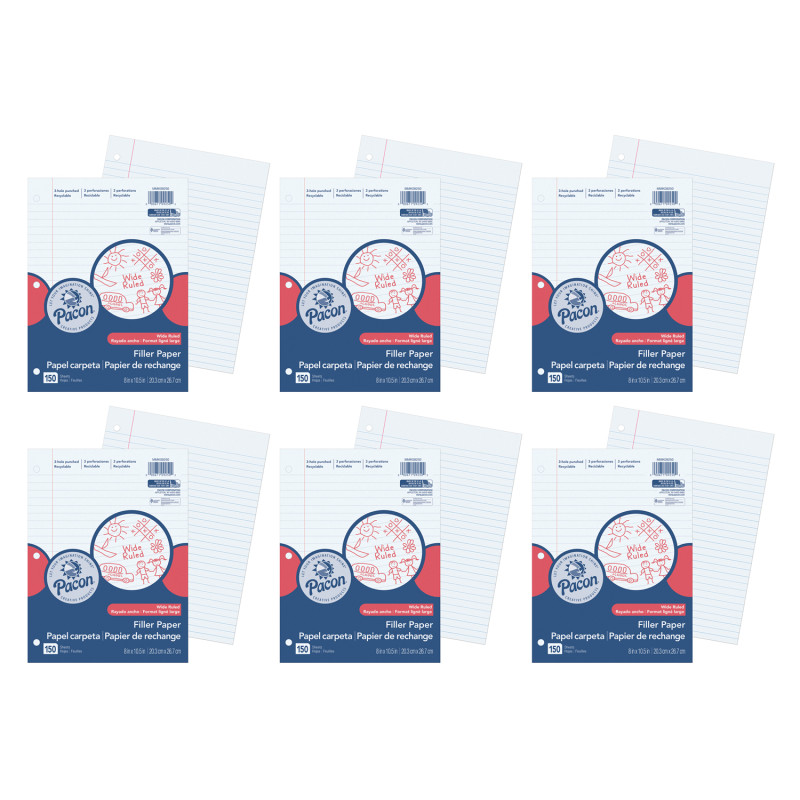 Filler Paper, White, 3-Hole Punched, Red Margin, 3/8" Ruled, 8" x 10-1/2", 150 Sheets Per Pack, 6 Packs