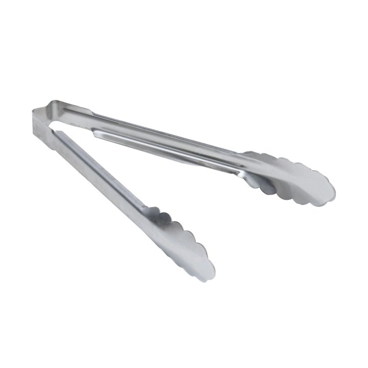 9 ½-inch heavy-duty stainless steel one-piece scalloped tongs
