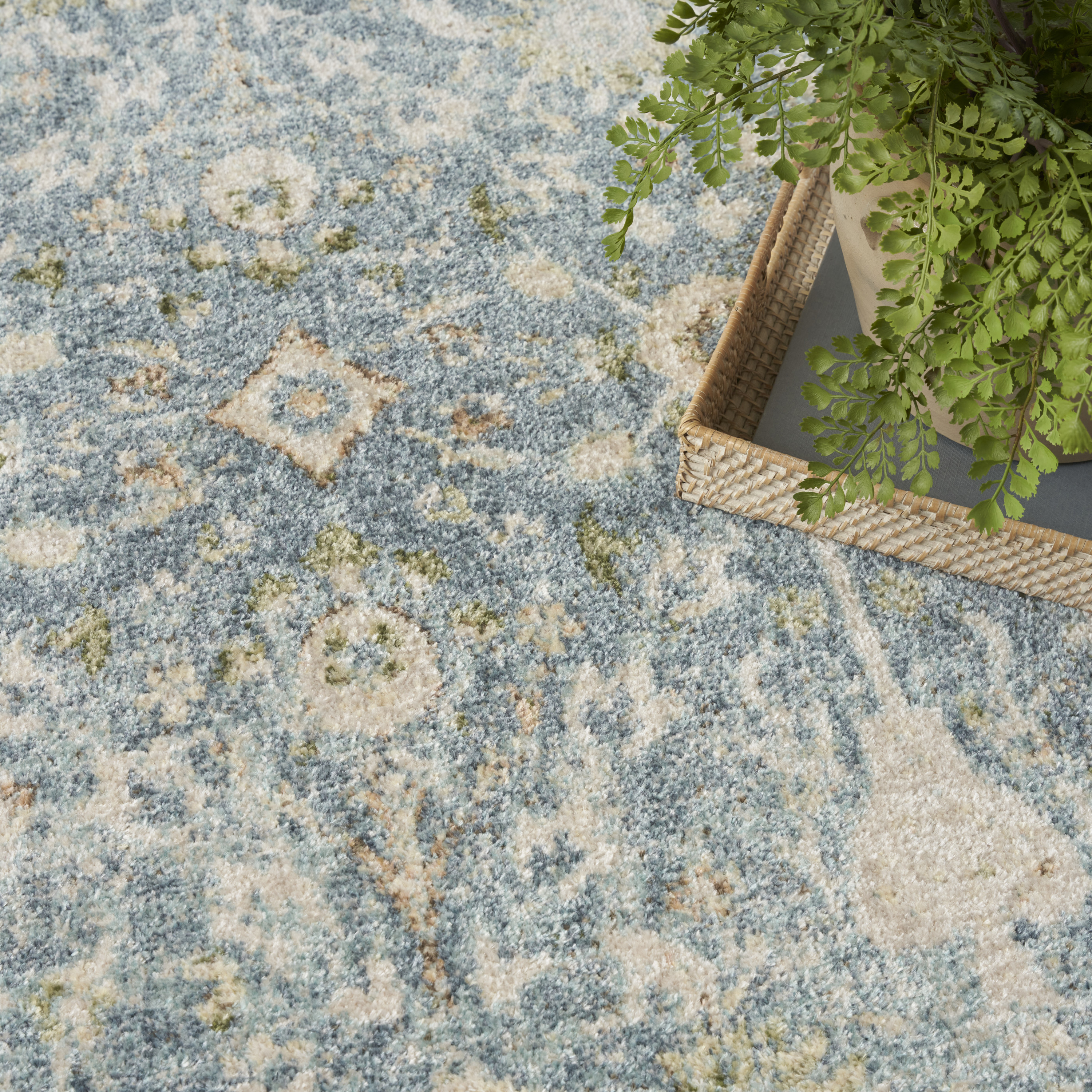 Nourison Astra Machine Washable 4' x 6' Teal Beige Vintage Indoor Rug