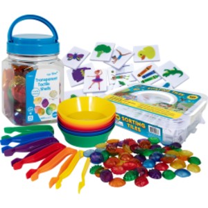 Tactile & Visual Sorting Kit, Sorting Tiles, Bowls, Tweezers & Transparent Shells