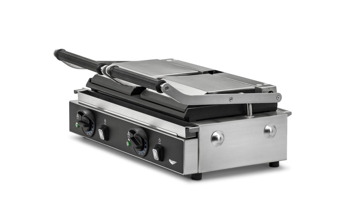 208- to 240-volt double panini sandwich grill with cast-iron flat plates and NEMA 6-15P Plug