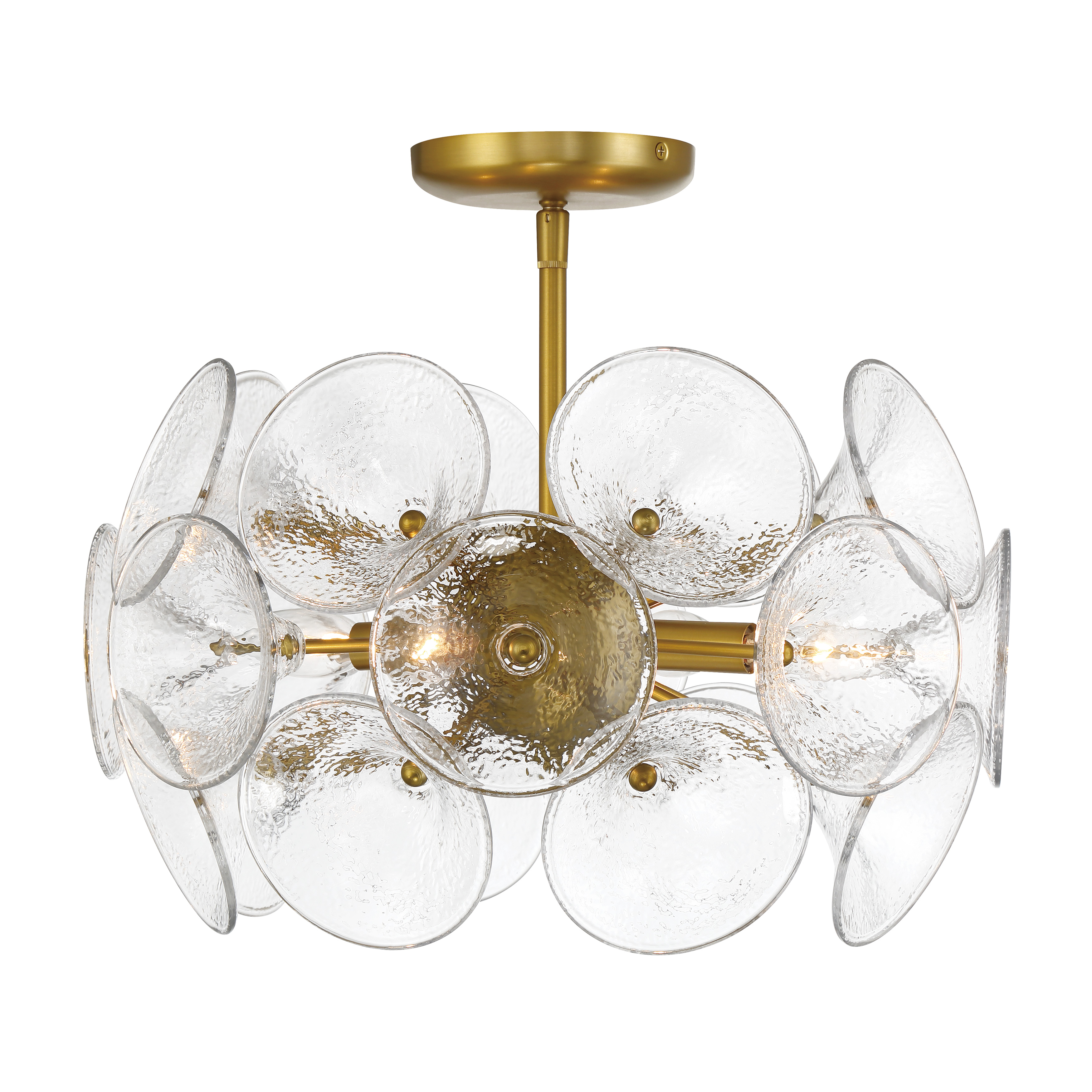 The Winter semi-flush mount combines soft brass finish with textured clear fluted glass for sophisticated ambient lighting. Its 16-inch width and 4-light configuration provide ample illumination for smaller spaces. - alternate view