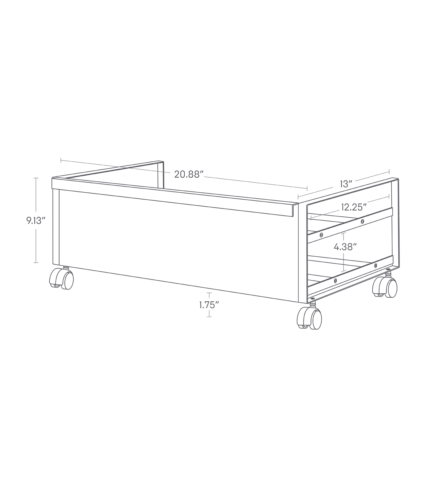 Dimension Image for Rollinf Shoe Rack on a white background showing width of 20.88 inches, length of 13 inches, 1.75 inches from groun to bottom of rack, 9.13 inches internal height of rack, 12.25 inches internal length, and 4.38 inches between bottom and middle bars.