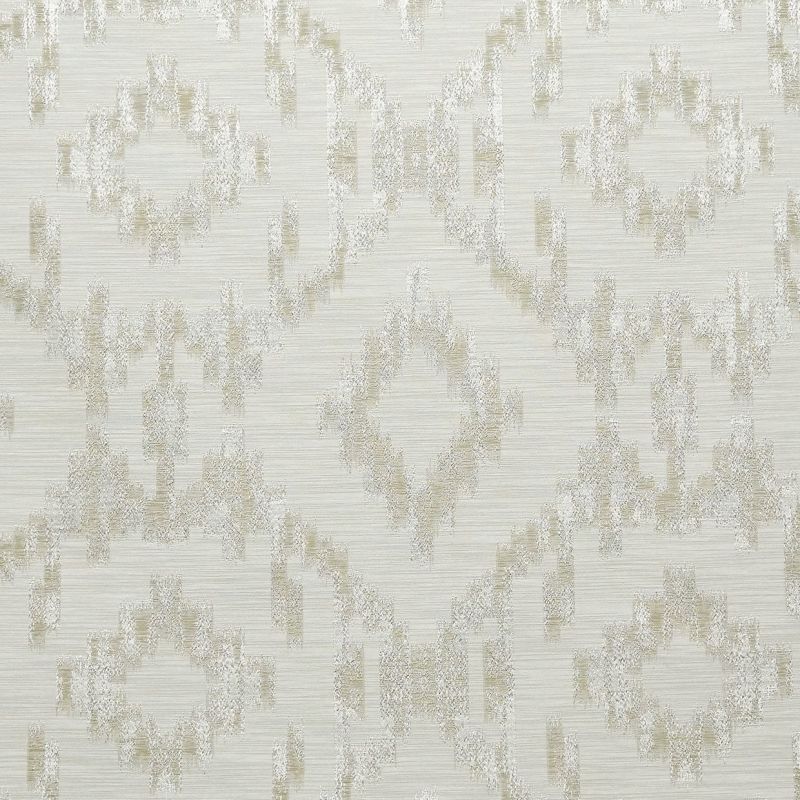 Textured beige-and-cream ikat-patterned wallpaper, repeating diamond motifs; covering a flat wall surface; shown as a close-up swatch with soft, even lighting in a neutral interior context.