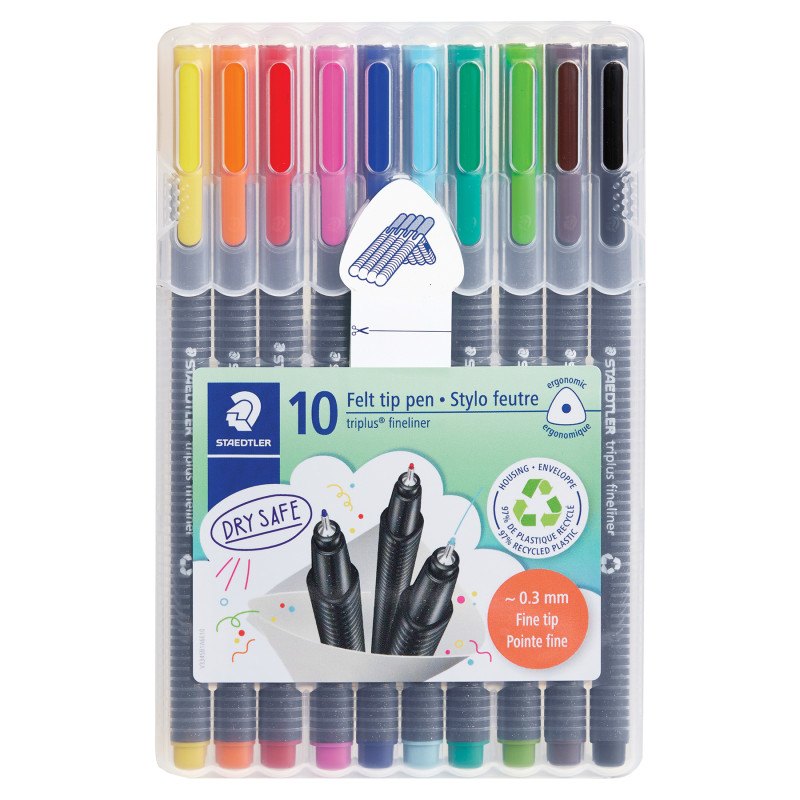 Triplus® Fineliner Pens, Superfine 0.3 mm, Assorted Colors, Set of 10
