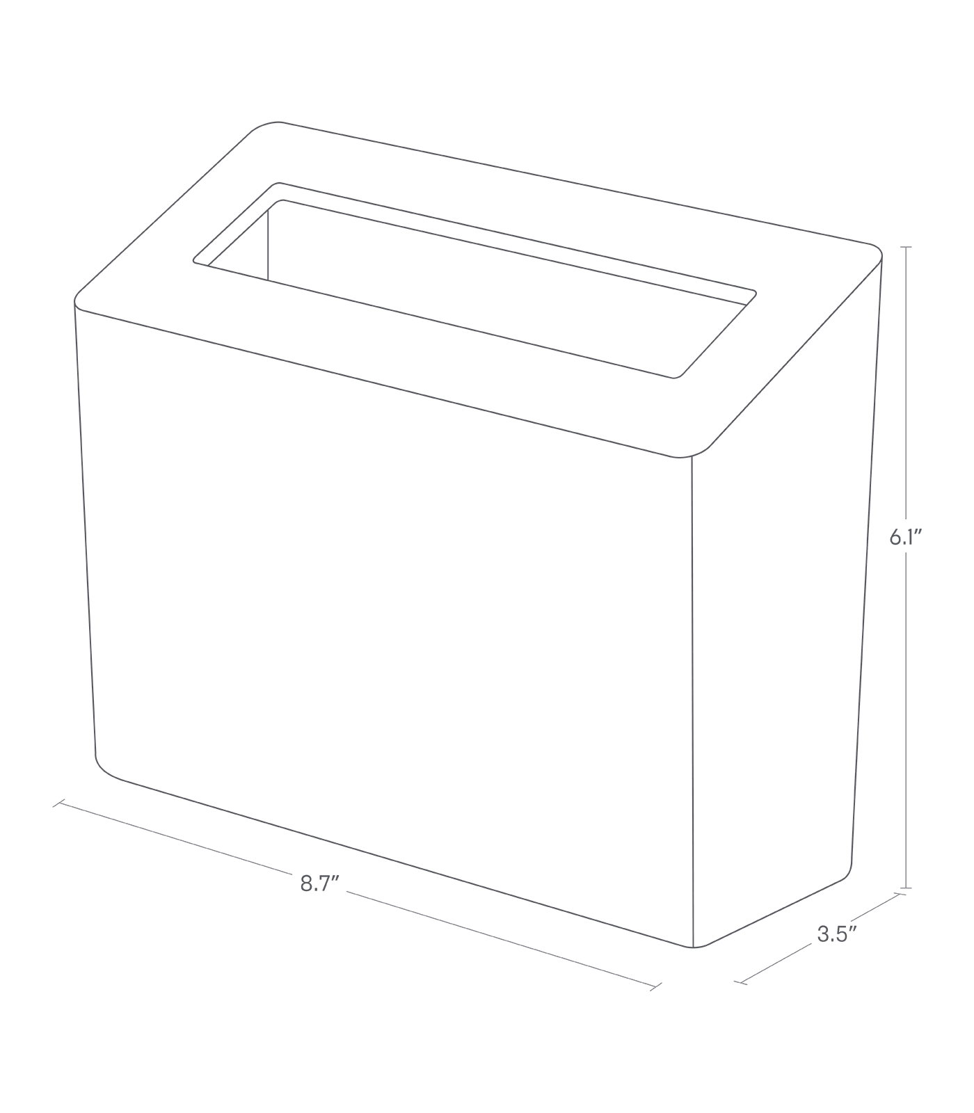 Dimension Image for Countertop Waste Bin on a white background showing a height of 6.1 inches, width of 8.7 inches, and length of 3.5 inches.