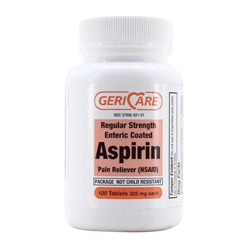 Adult Regular Strength, Enteric Coated Aspirin, 325mg, 100 Count Tablets - 100/Bottle