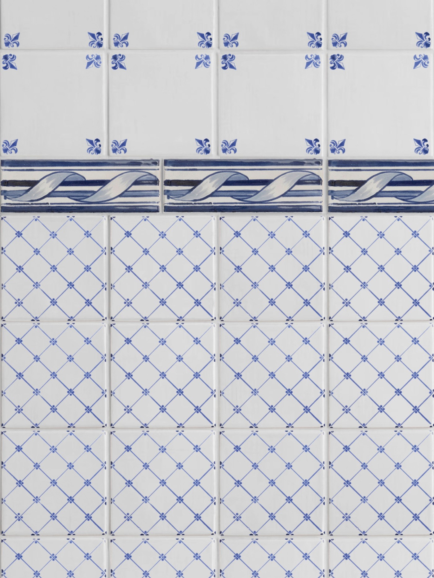 blue and white tiles with various designs on them.