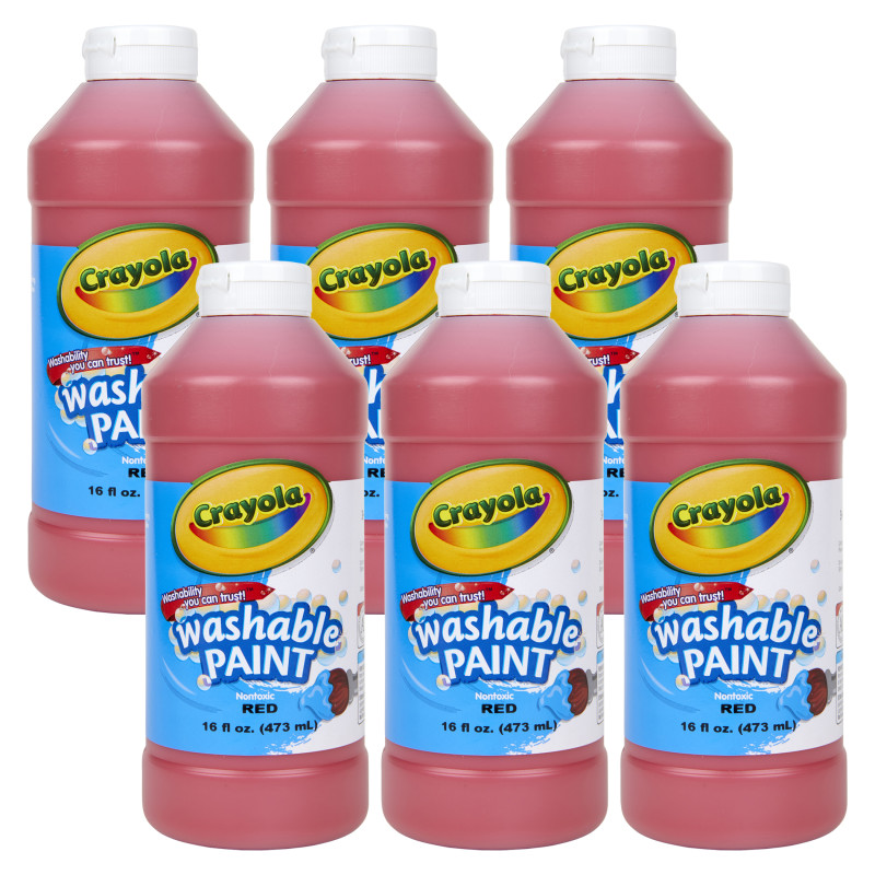 Washable Paint, Red, 16 oz. Bottles, Pack of 6