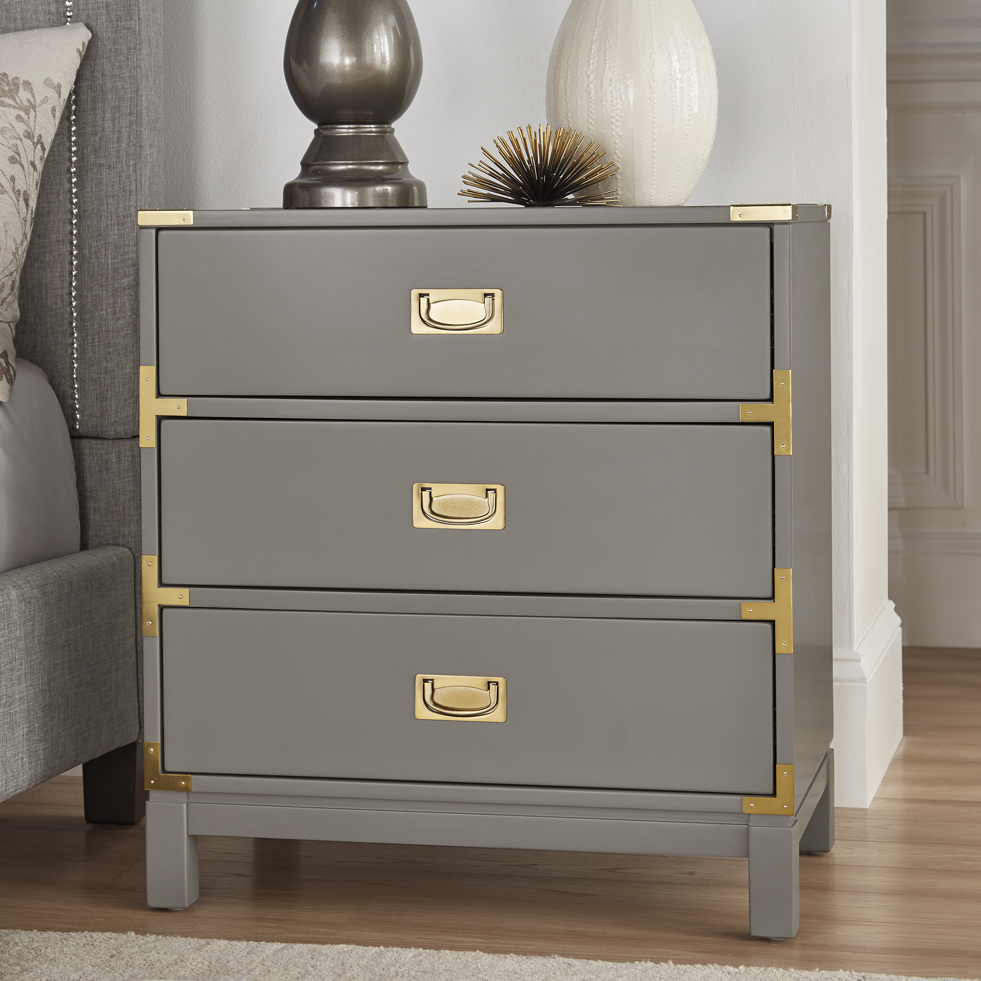 3-Drawer Gold Accent Nightstand