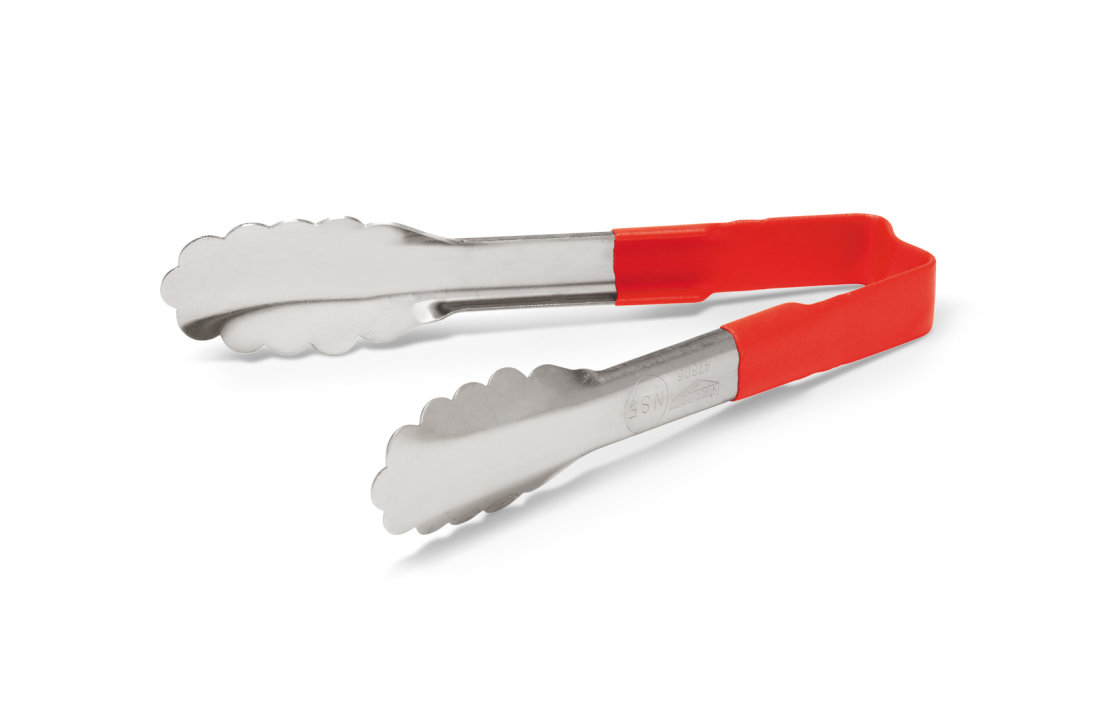 6-inch stainless steel one-piece scalloped tongs with red Kool-Touch® handle