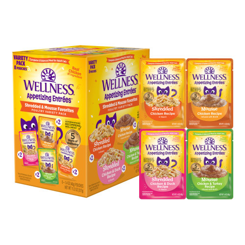 Wellness Appetizing Entrees Variety Packs Shredded & Mousse Favorites, Poultry Variety Pack (1.4 oz) Front packaging