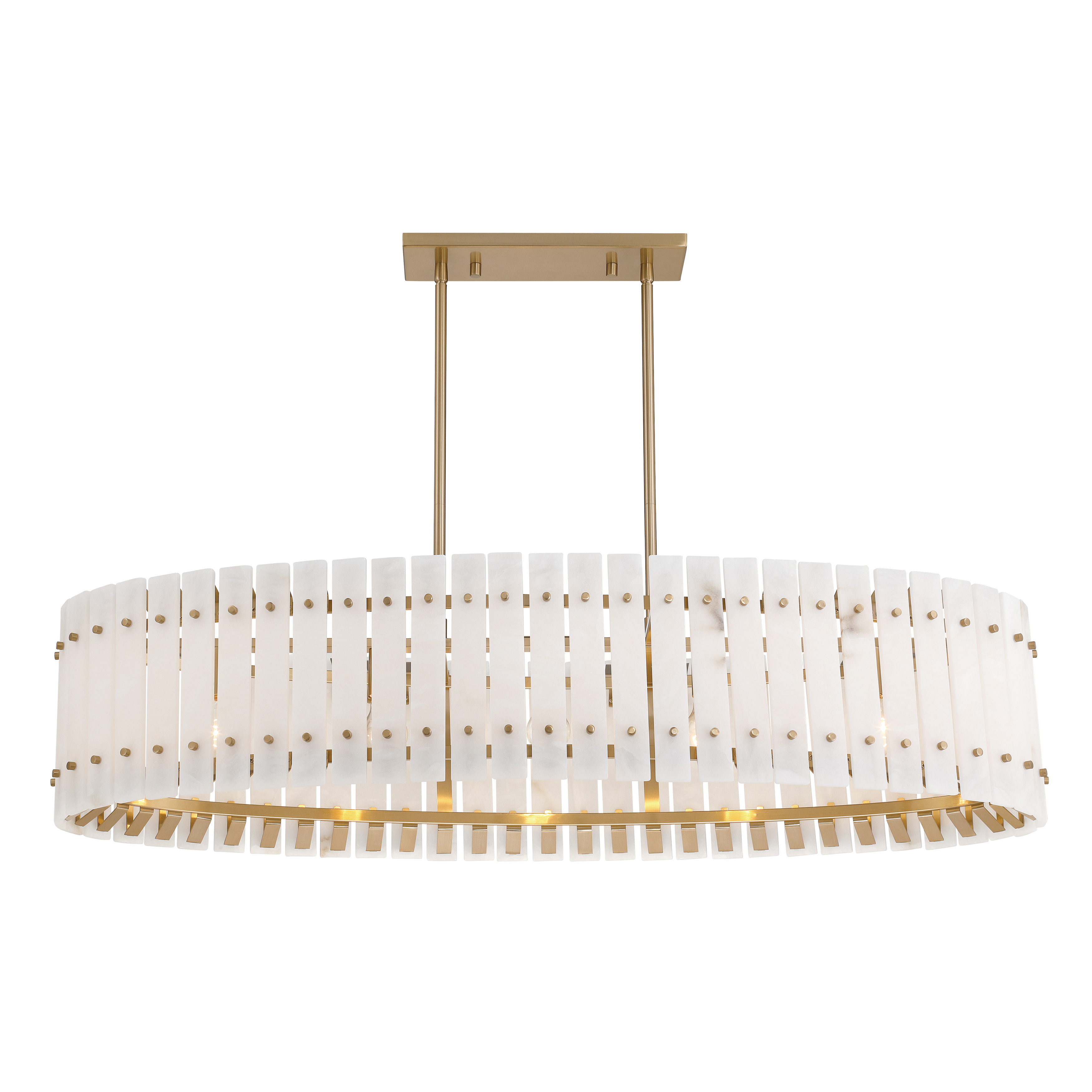The Bardon 5-Light Island Chandelier combines modern linear design with timeless brass finish and soft alabaster panels. Its generous 48-inch length makes it perfect for kitchen islands and dining tables, delivering both ambient and task lighting. - alternate view