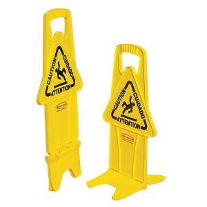 Rubbermaid Commercial, Multilingual "Caution" Stable, Floor Sign, Yellow, 26"