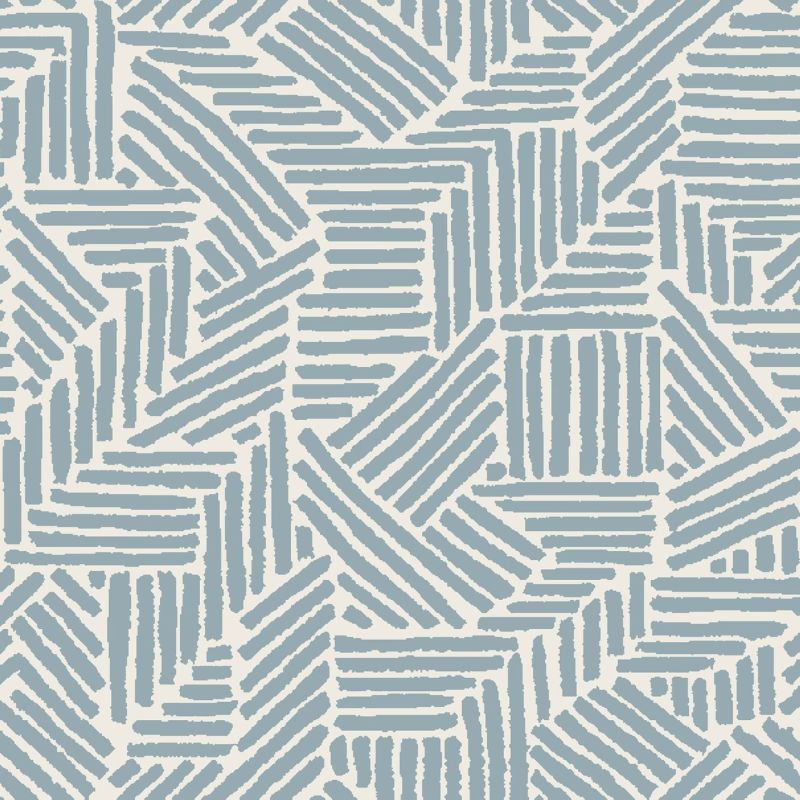Textured wallpaper featuring short, sky-blue brushstroke stripes arranged in interlocking diagonal and horizontal blocks; pattern repeats across an off-white background, shown as a flat, evenly lit surface.