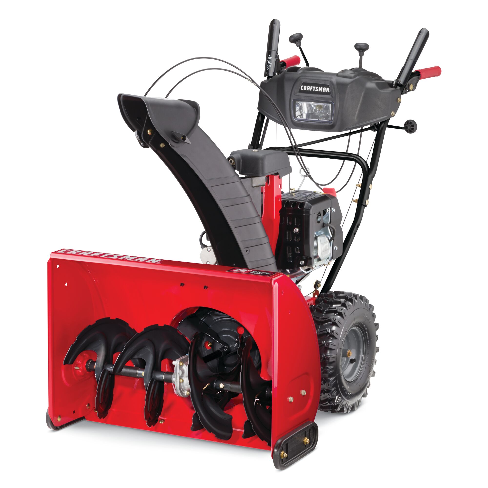 Profile of 28 inch 243 CC electric start two stage snow blower.