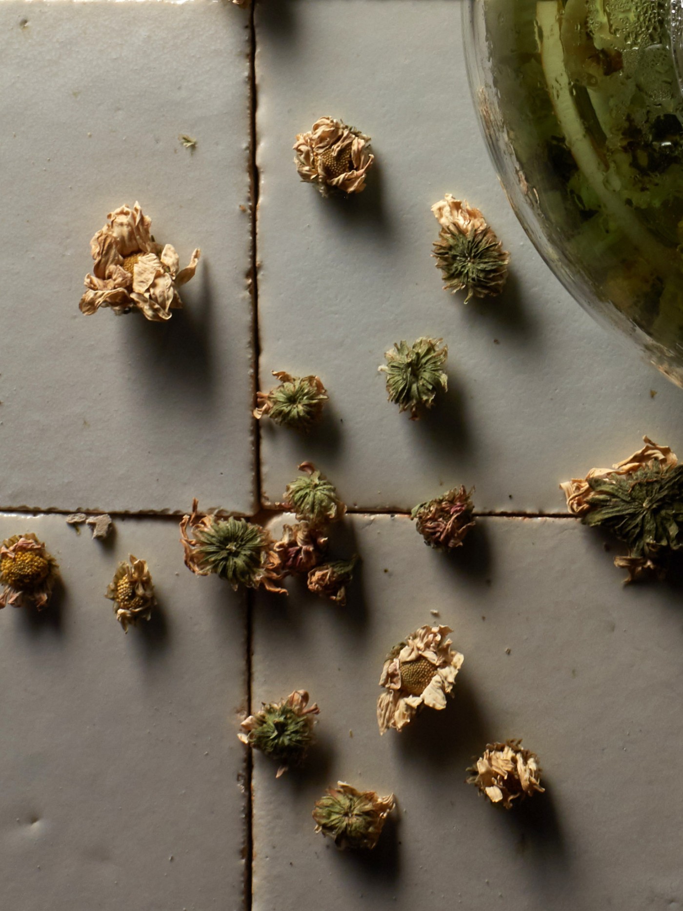 several dry flower buds on a tiled surface.