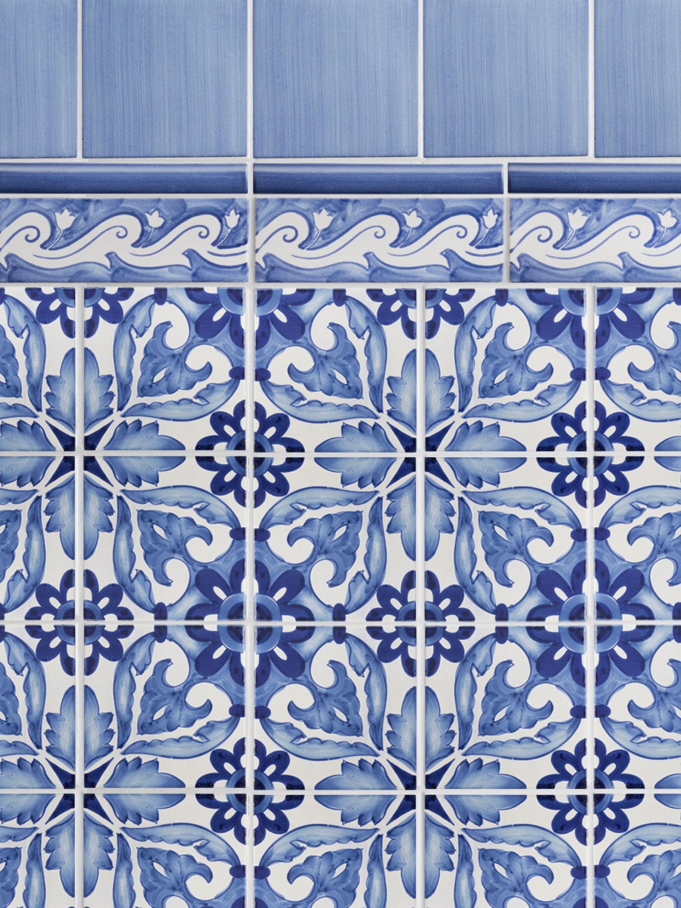 blue and white tiles with floral designs.