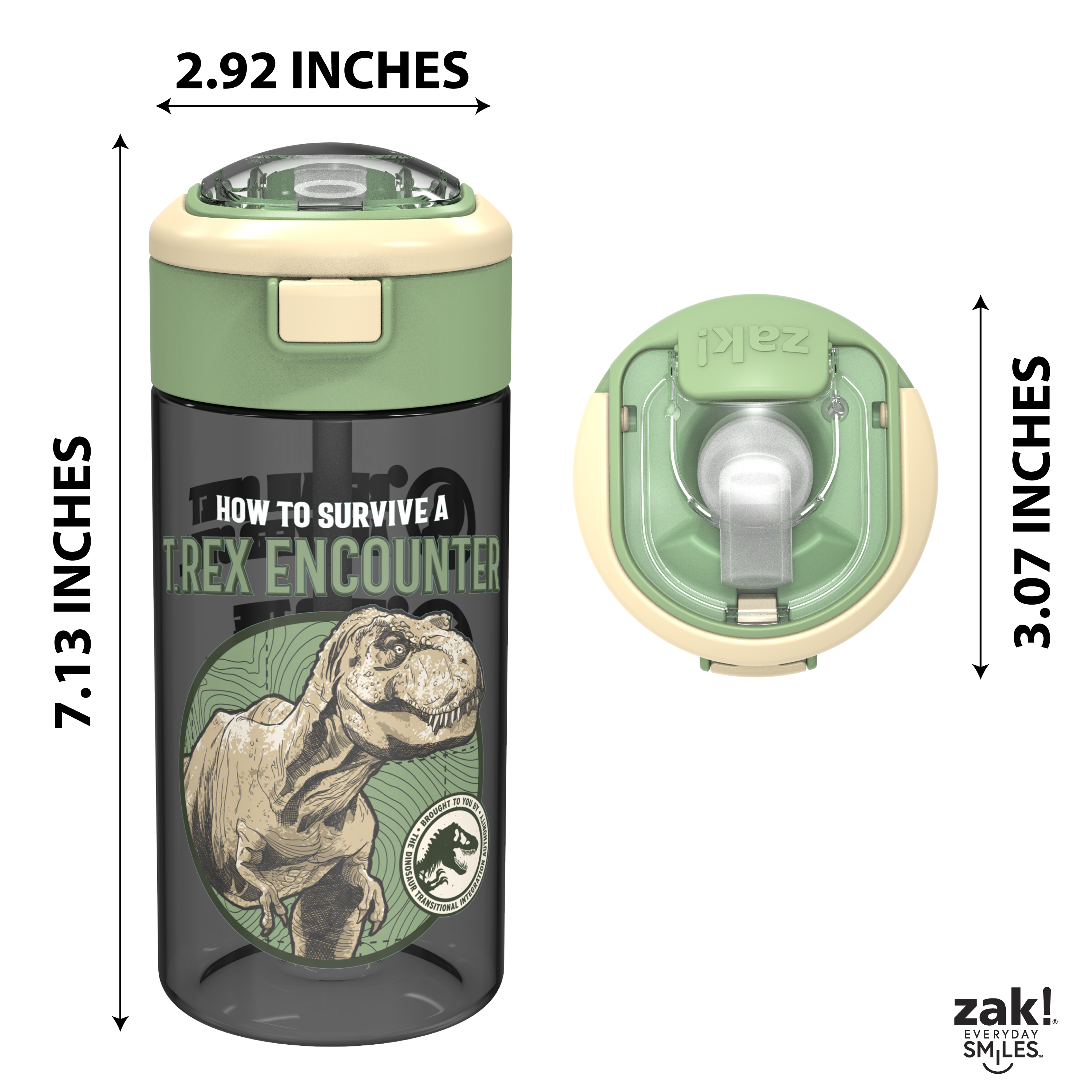 Jurassic World Dominion 18 ounce Reusable Plastic Water Bottle with Push-button lid, How to Survive a T-Rex Encounter, 2-piece set slideshow image 8
