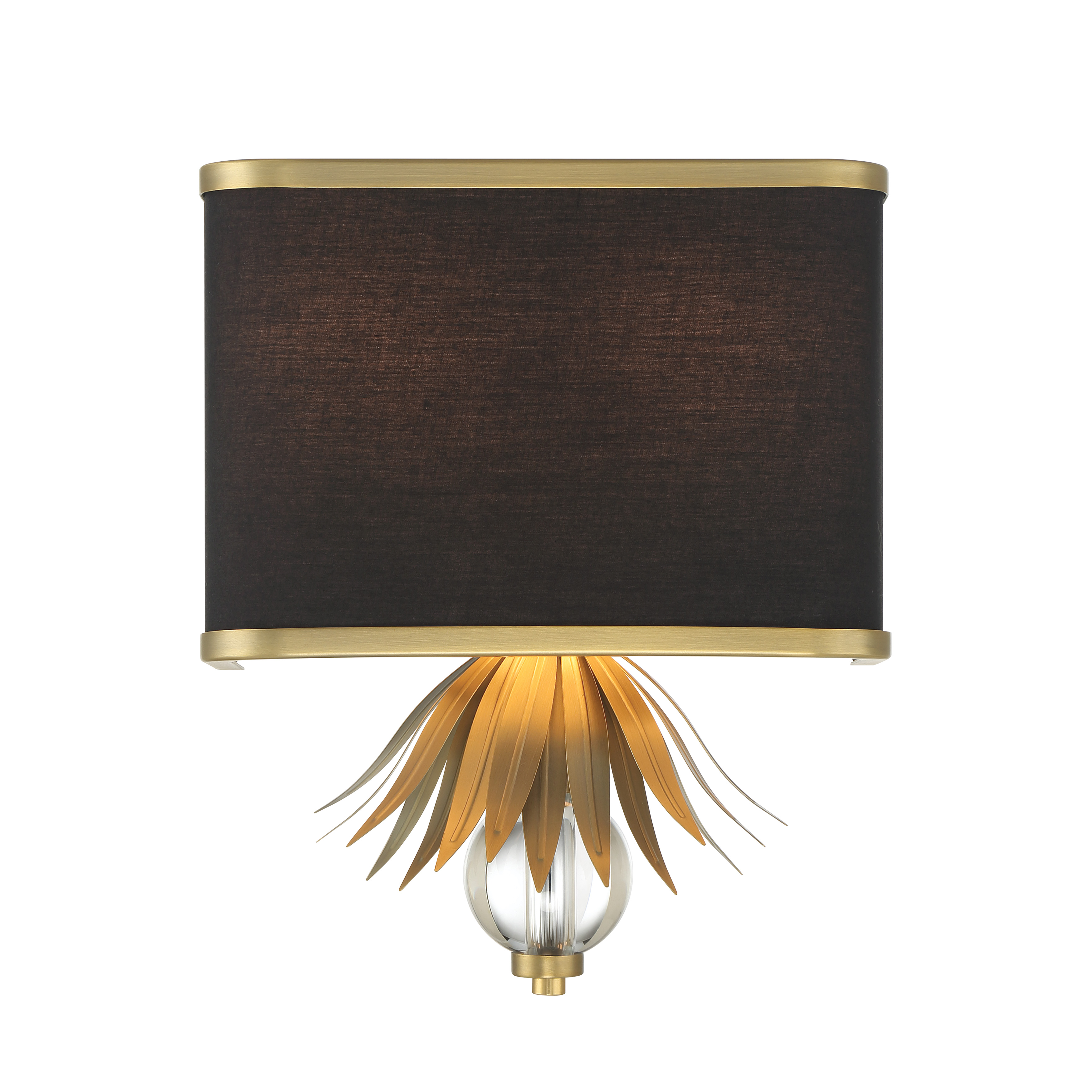 The Caprio wall sconce combines warm brushed brass with a refined fabric shade and crystal details, creating sophisticated ambient lighting. Its compact 11-inch width makes it ideal for flanking mirrors or beds. - alternate view