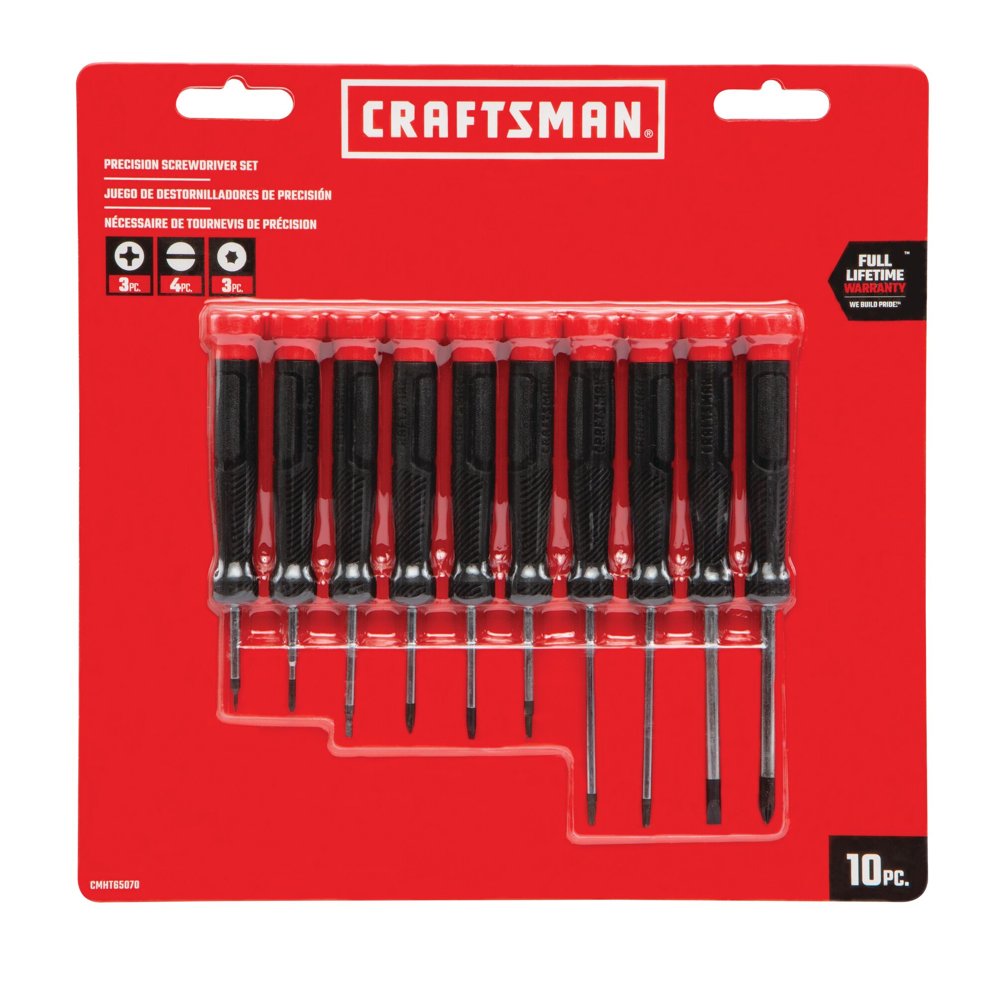 10 piece Precision Bi Material ScrewDriver Set in carded blister packaging.