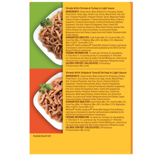 Wellness Complete Health Healthy Indulgence Variety Pack Shreds Chicken & Turkey, Tuna & Shrimp Variety Pack back packaging