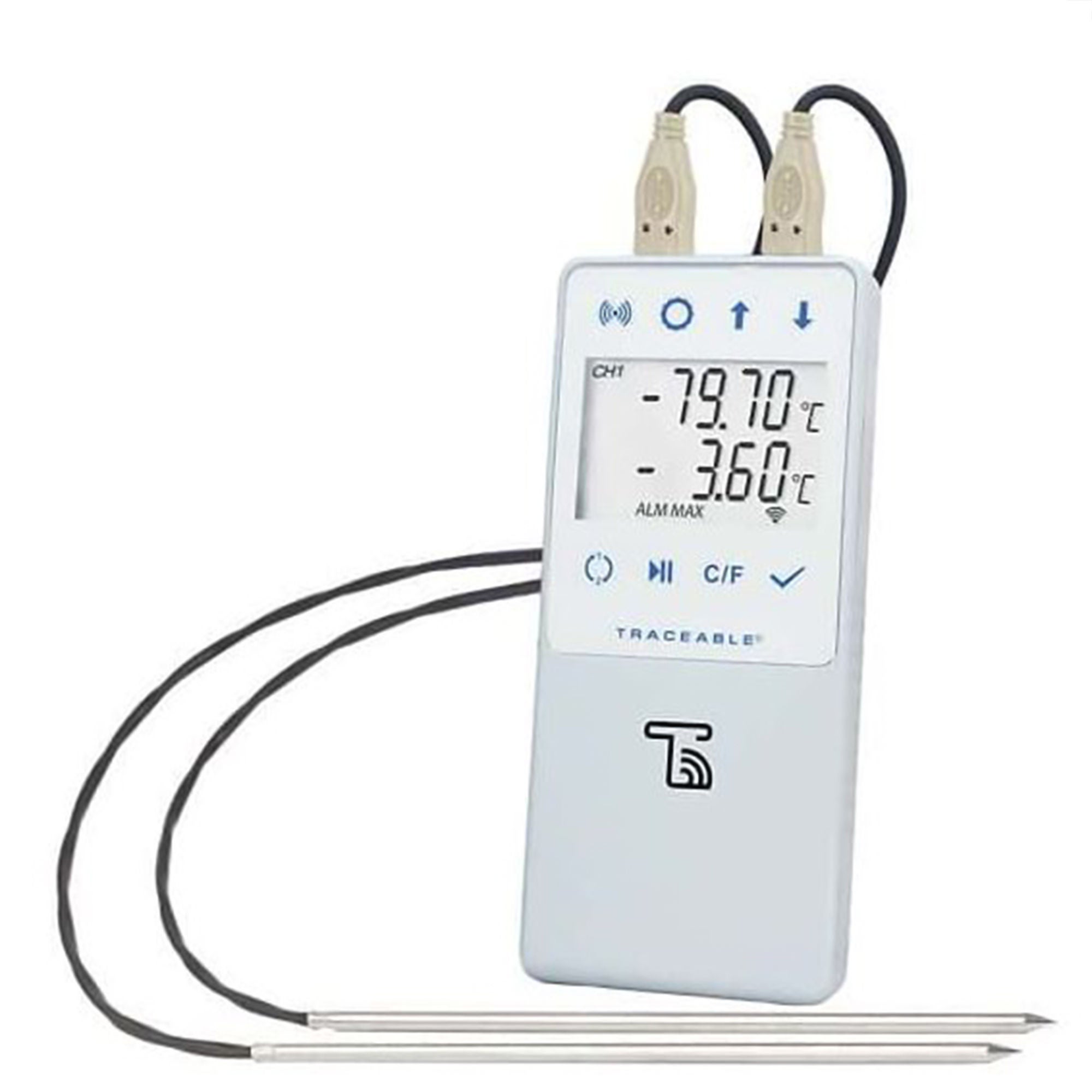 Ultra-Low Temperature Data Logger with Alarm TraceableLIVE® Fahrenheit / Celsius -130° to +221°F (-90° to +105°C) 2 Stainless Steel Probes Multiple Mounting Options Battery Operated