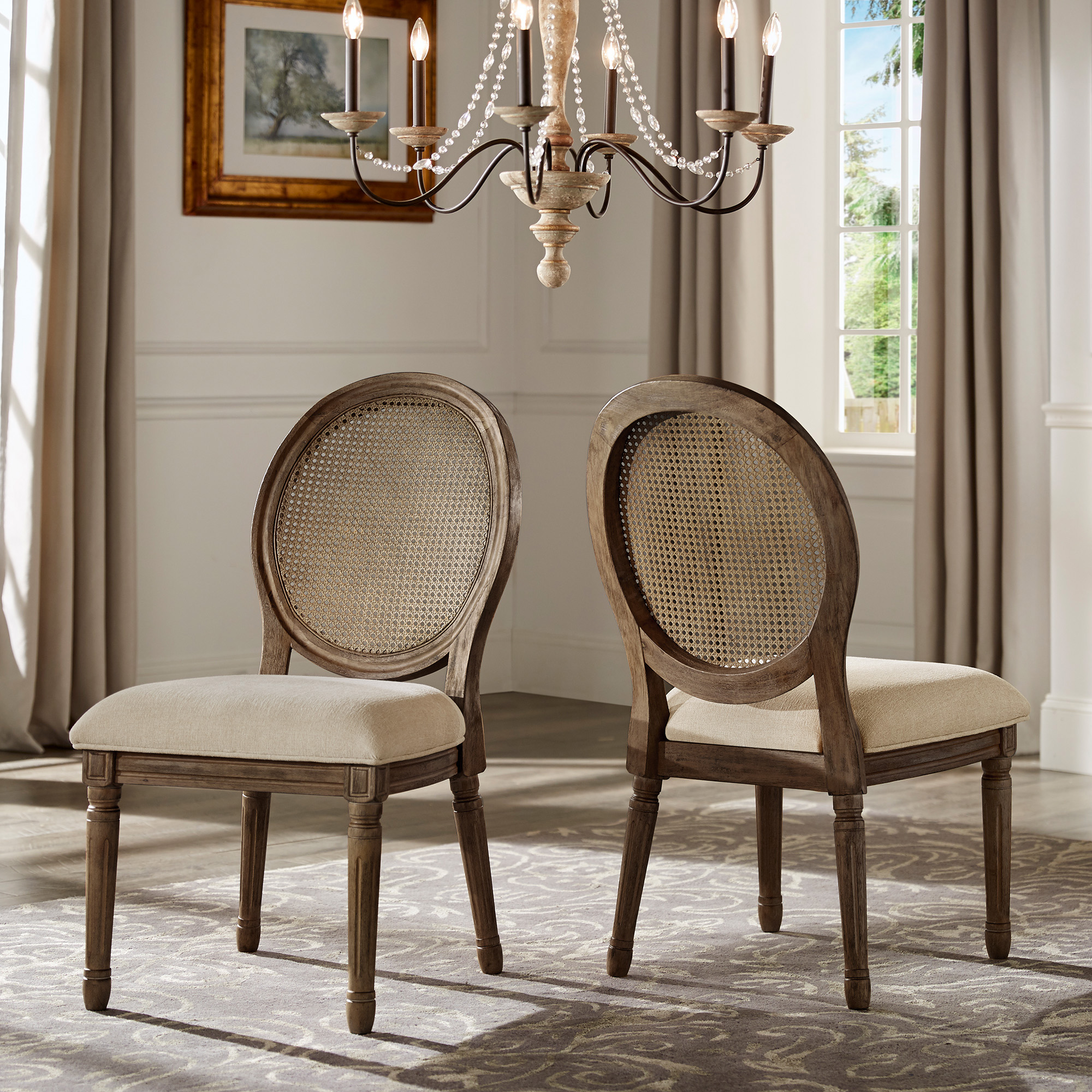 Round Linen and Wood Dining Chairs (Set of 2)