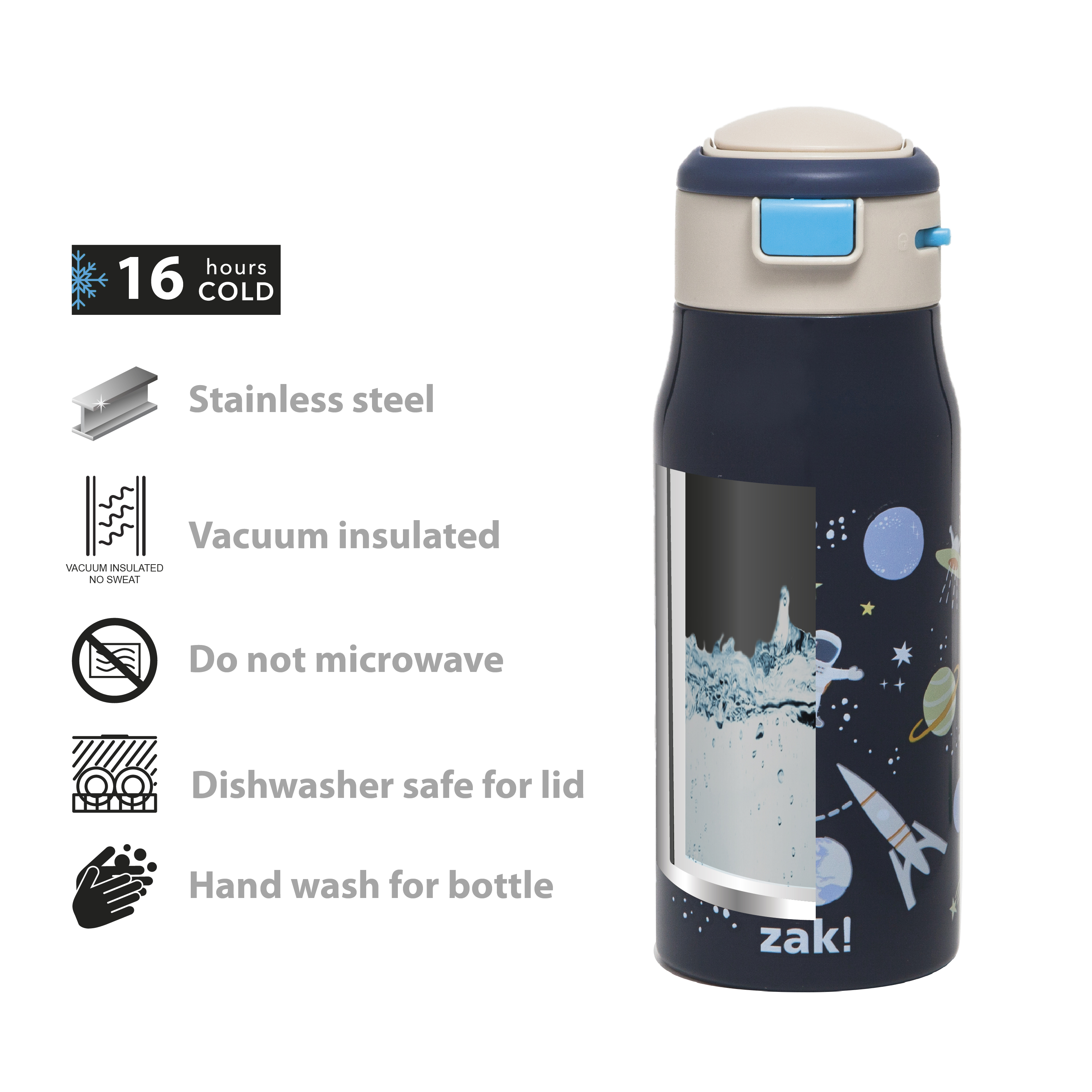 Zak Kids 13.5 ounce Mesa Double Wall Insulated Stainless Steel Water Bottle, Outer Space slideshow image 8