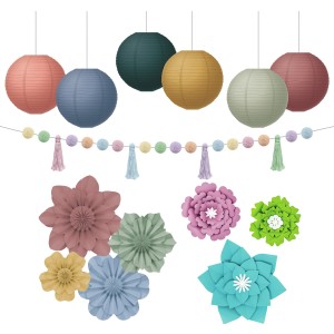 Floral Party Décor Kit, Paper Lanterns, Flowers, Garland & Dimensional Flower Accent
