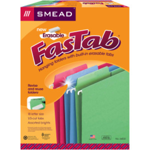 Erasable FasTab&reg; Hanging File Folder, 1/3-Cut Built-In Tab, Letter Size, Assorted Colors, Box of 18