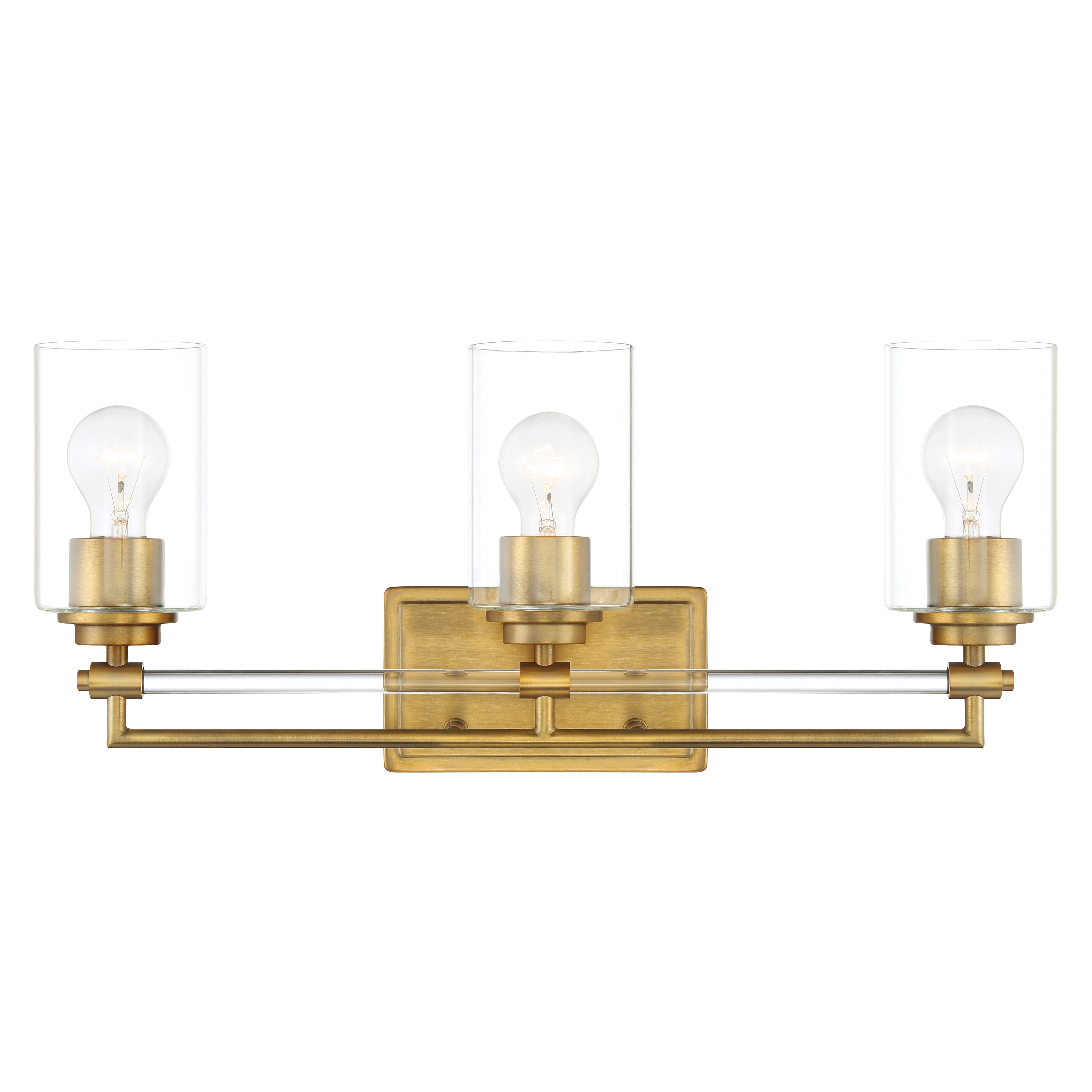 The Binsly 3-light vanity combines modern design with practical versatility. Its aged brass finish adds warmth while clear glass shades provide bright, even illumination. Reversible mounting offers flexibility for any bathroom style. - alternate view