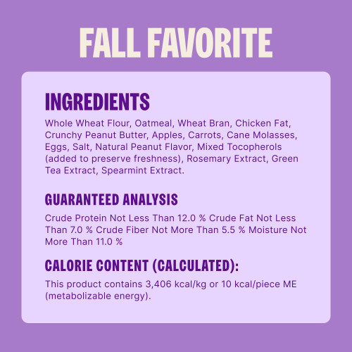 Whole Wheat Flour, Oatmeal, Wheat Bran, Chicken Fat, Crunchy Peanut Butter, Apples, Carrots, Cane Molasses, Eggs, Salt, Natural Peanut Flavor, Mixed Tocopherols (added to preserve freshness), Rosemary Extract, Green Tea Extract, Spearmint Extract.