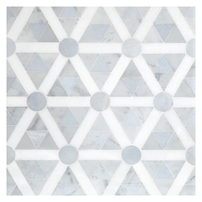 Pietra Visivo Collection Thassos Select Honed, Morning Blue Polished, And Italian Carrara Light Select Honed 8×10 Roundangle Mosaic Mixed