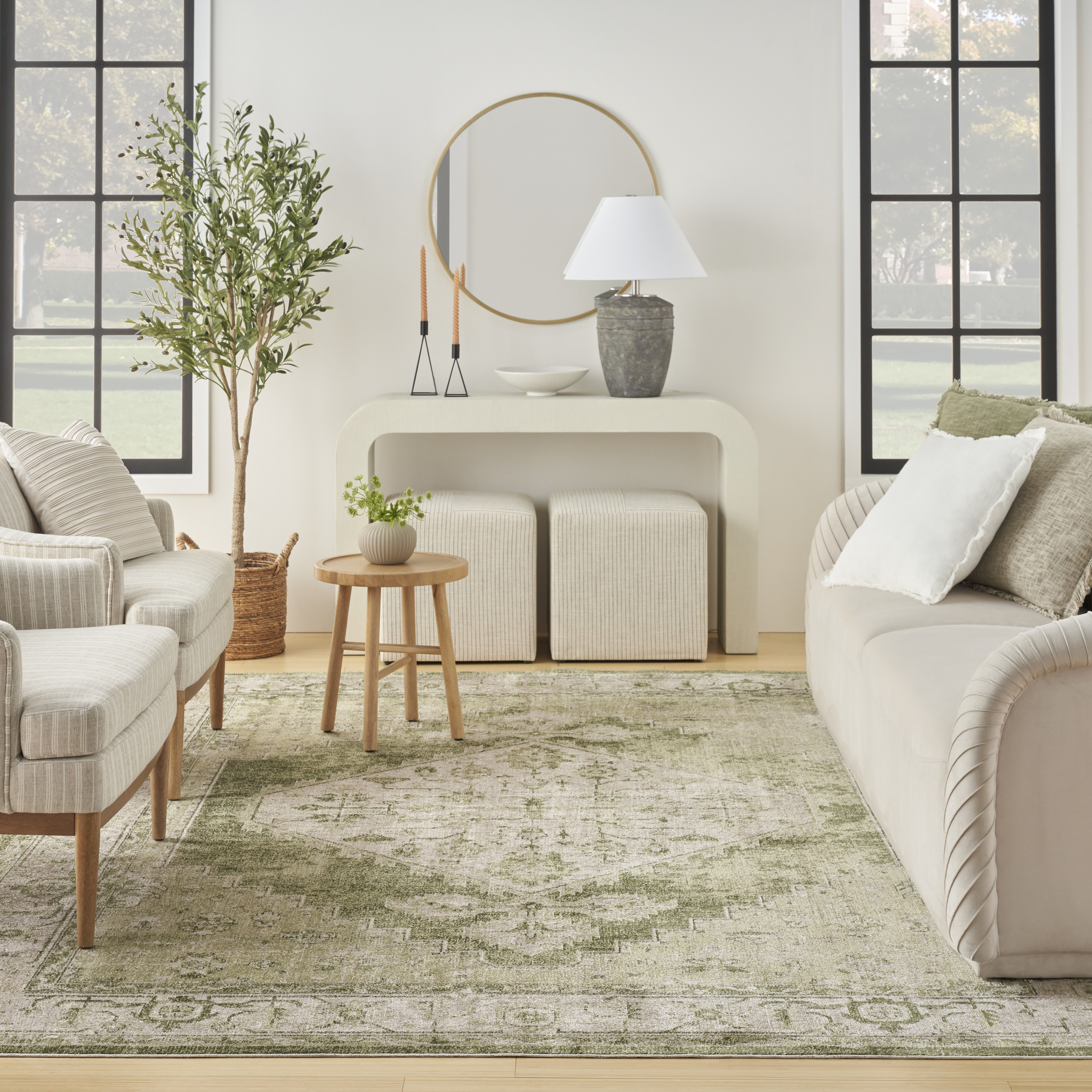 Nourison Astra Machine Washable 9' x 12' Ivory Green Vintage Indoor Rug