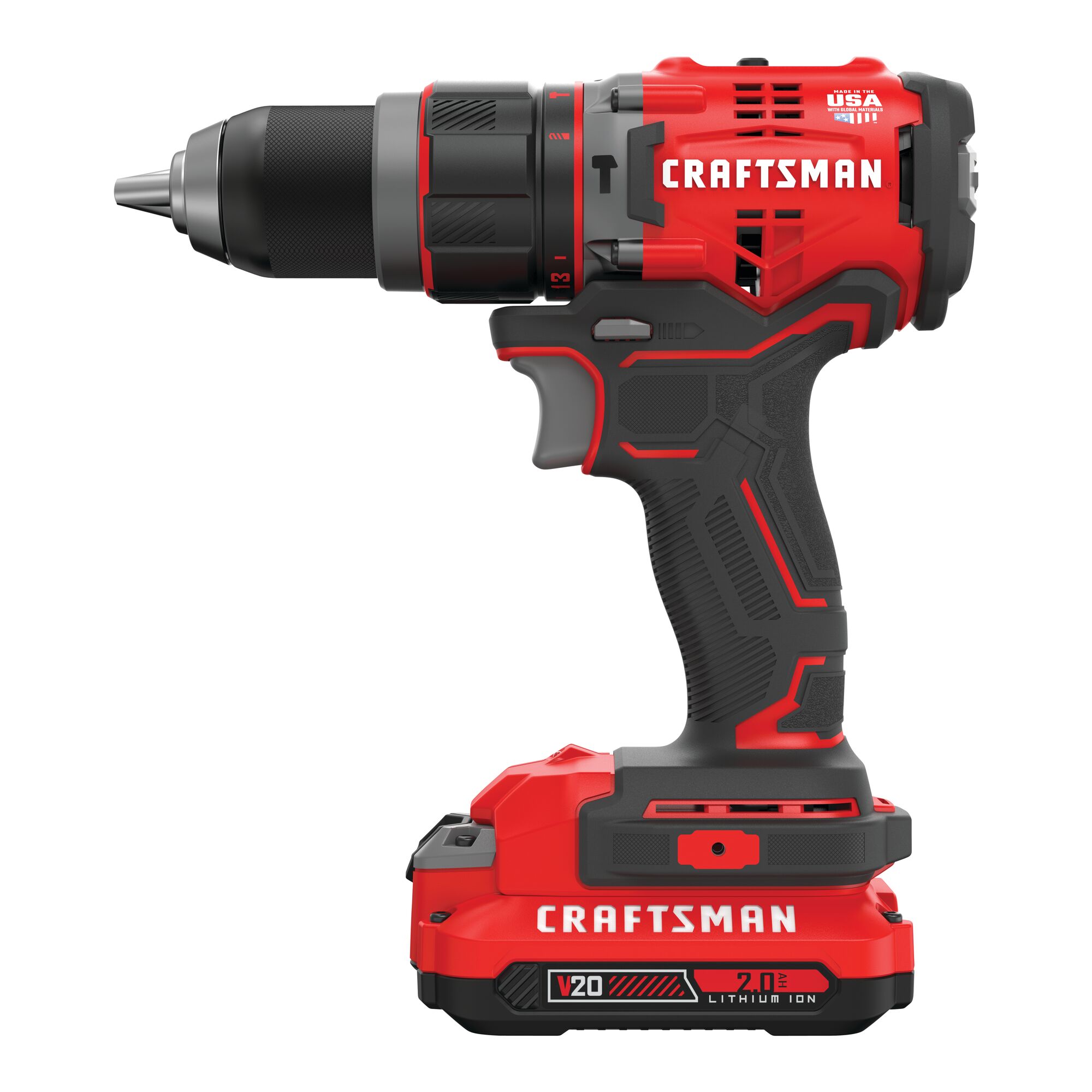 Right profile of cordless brushless half inch hammer drill kit 2 batteries.