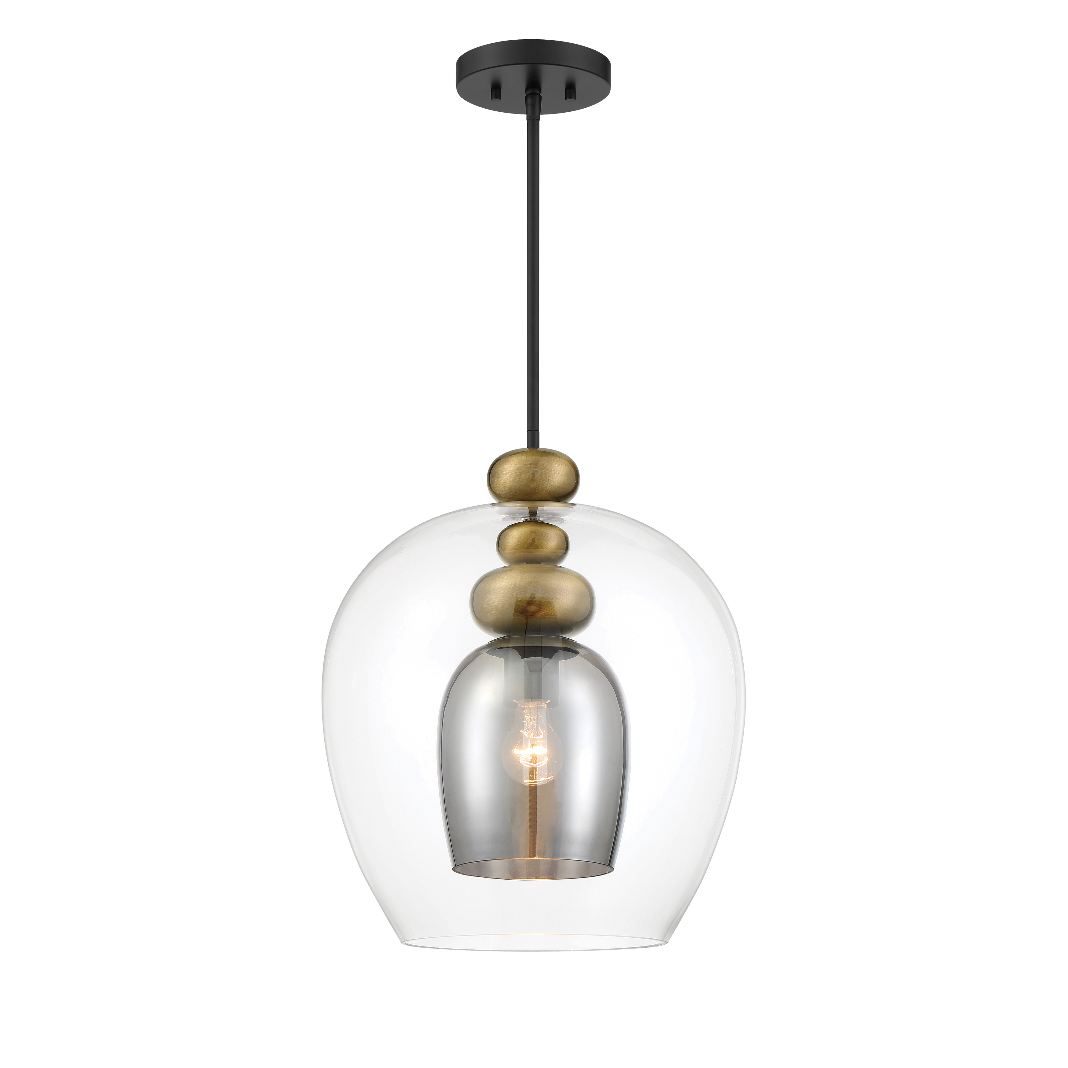 The Amesbury pendant combines industrial charm with modern sophistication through its unique coal and oxidized aged brass finish. The smoked gray glass shade adds depth while providing warm, diffused light perfect for intimate spaces. - alternate view